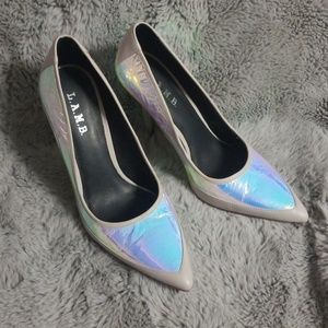 L.A.M.B taupe holographic pumps